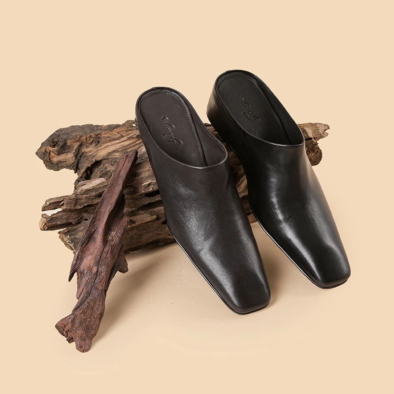 欧美包头半拖鞋新款外穿坡跟一脚蹬慵懒风无后跟单鞋时尚穆勒鞋