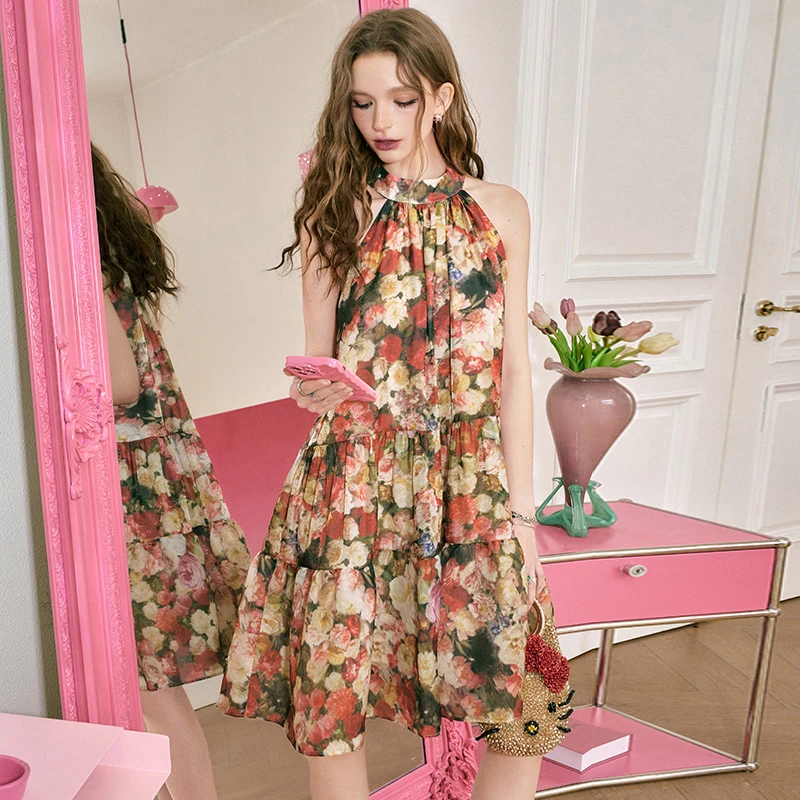 0045【毛毛专属】花花法式碎花挂脖连衣裙女春夏新款