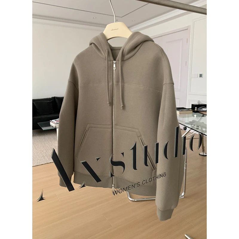 阿昕亮晶晶 休闲周末 320g全棉面料双层连帽拉链卫衣外套AX240886