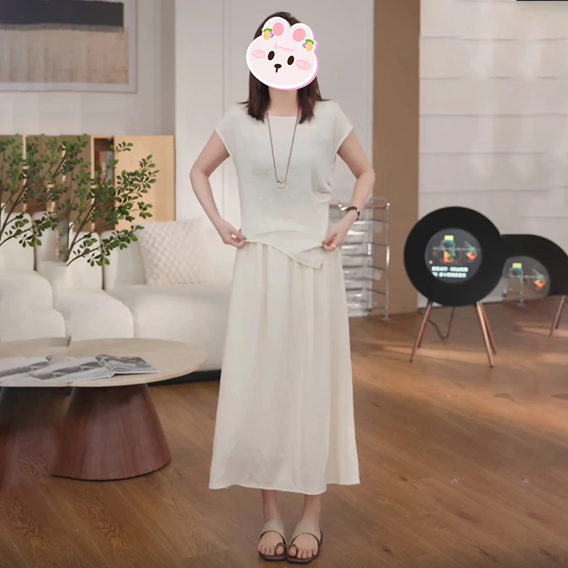 法式气质显瘦套装女夏季新款时尚圆领收腰上衣松紧腰半身裙两件套