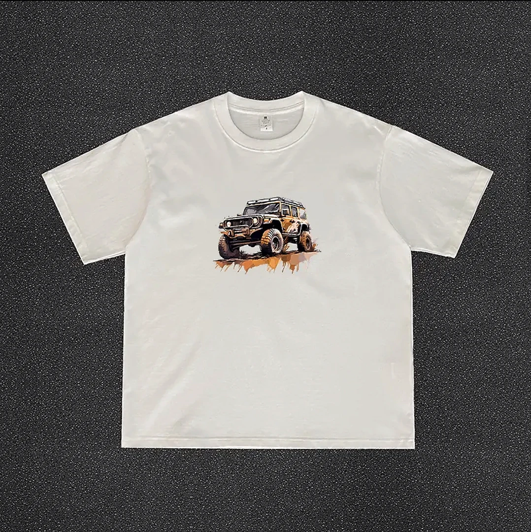 230g纯棉夏季短袖圆领越野车印花T恤印花潮流运动宽松个性