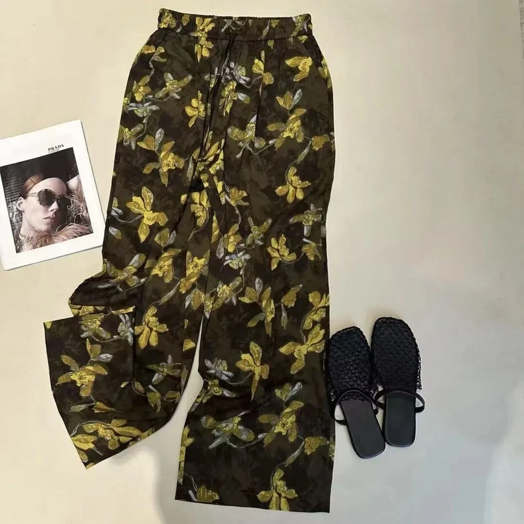 夏季新款时尚花色水墨画松紧腰阔腿裤洋气百搭潮裤