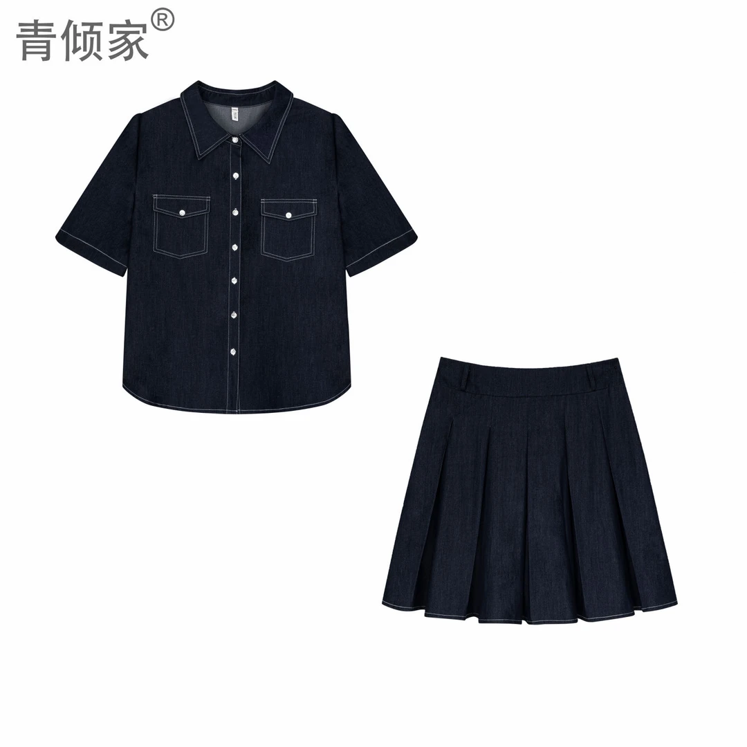 青倾家【南山南】夏季宽松薄款牛仔短袖帅气休闲百褶短裙两件套