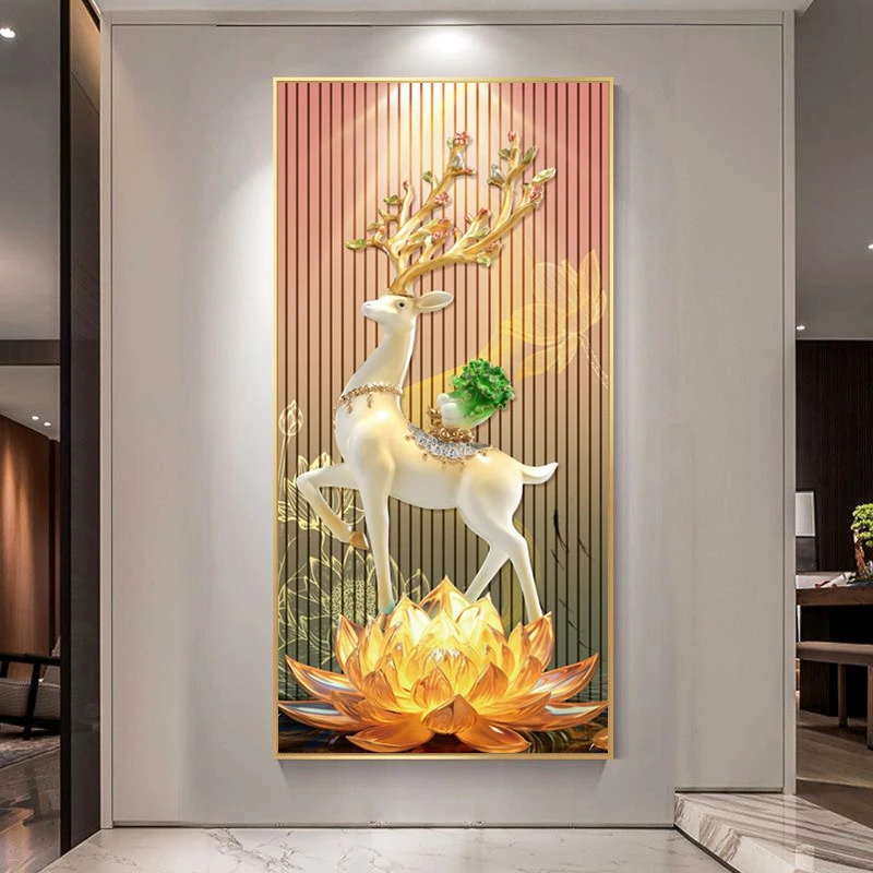 麋鹿轻奢led带灯入户玄关装饰画走廊过道挂画高级感金色莲花壁画