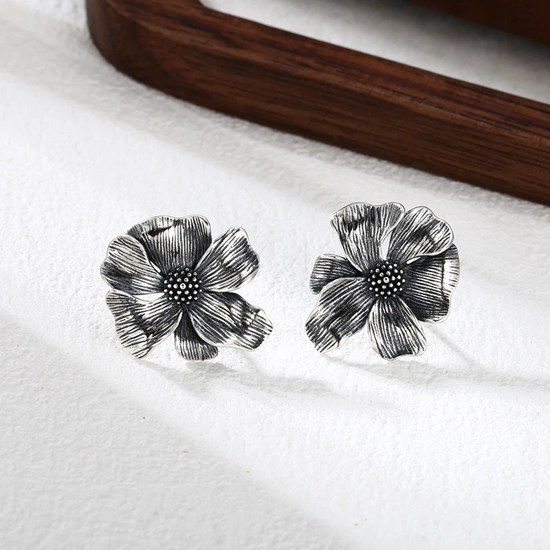925银耳饰 手工银花朵耳钉 耳扣 韩版流行精工