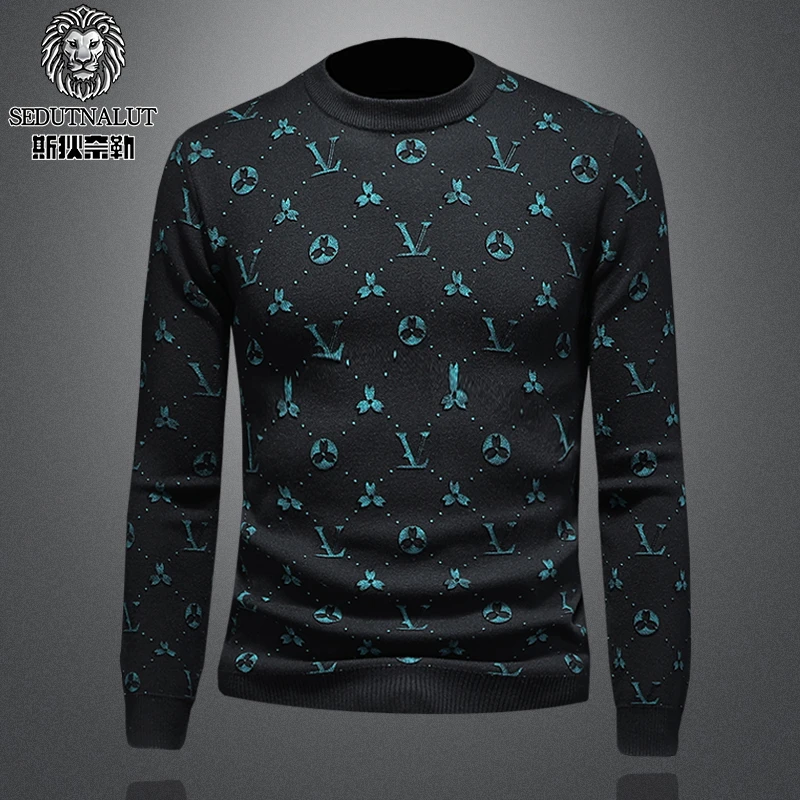 斯狄奈勒欧洲站潮牌提花长袖毛衣男潮流修身内搭打底针织衫秋冬季