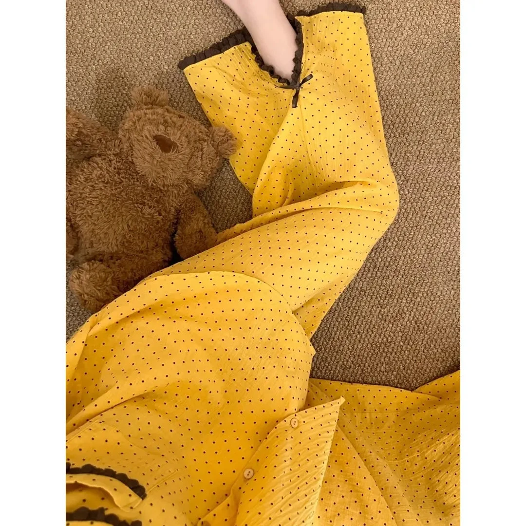 【蕾丝边波点】韩版短袖少女睡衣女夏季新款长裤套装可外穿家居服