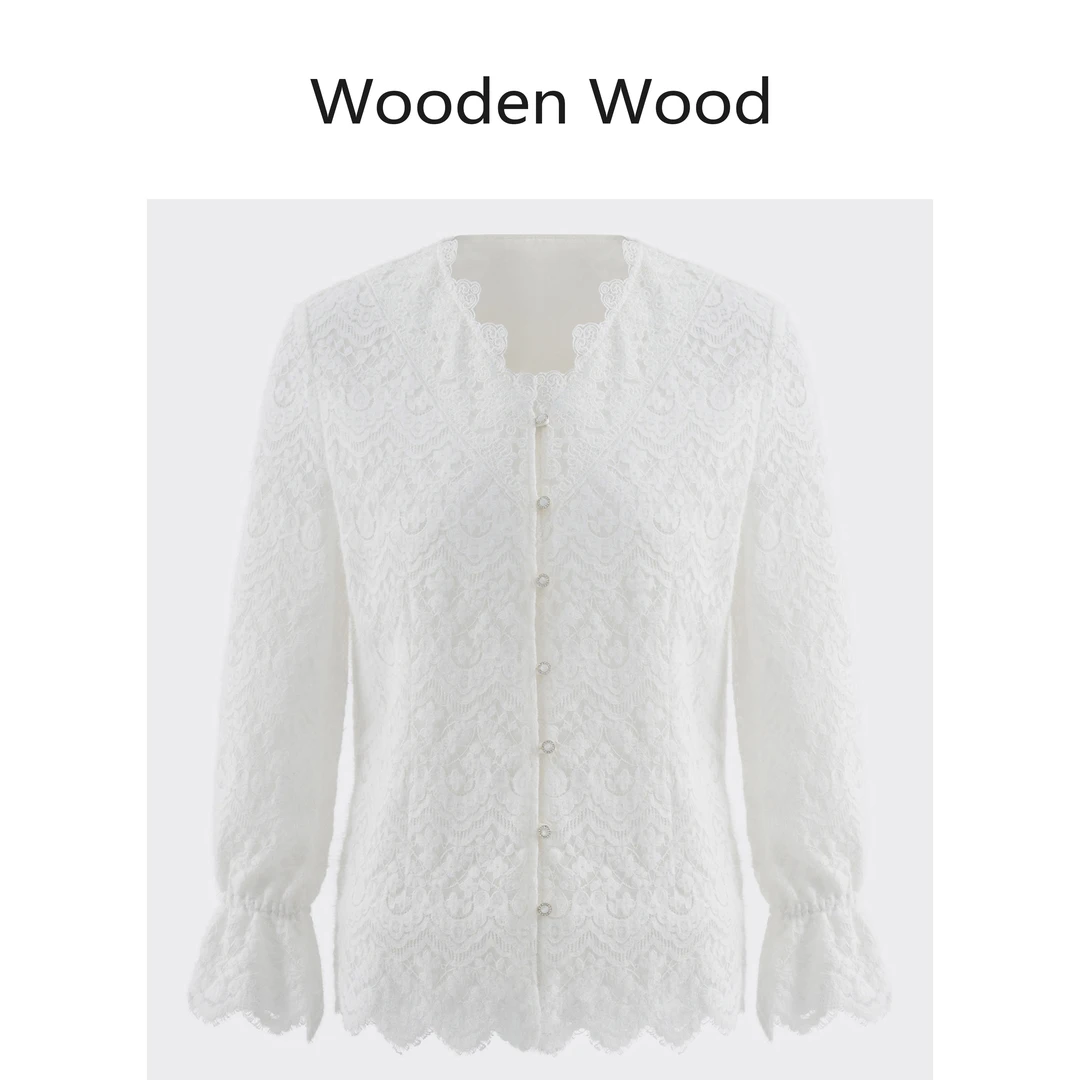 Wooden Wood“淡雅白茶”高端气质V领木耳花边衬衫秋W24QS1106