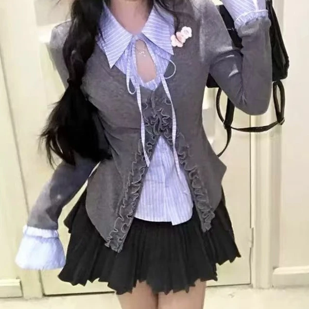 纯欲学院风复古格子拼接系带镂空针织衫2025新款长袖开衫上衣套装