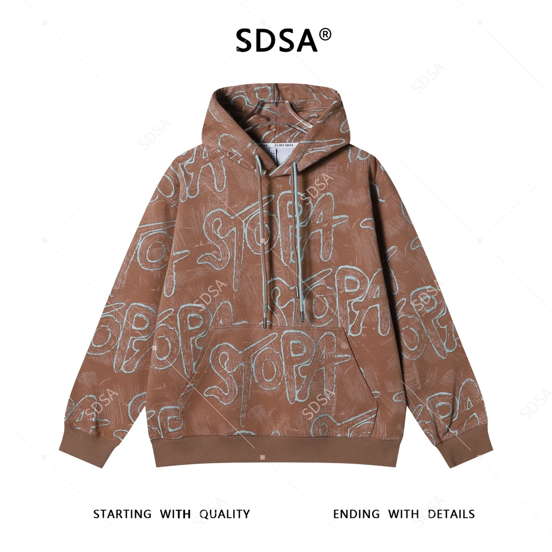 SSDSA男士秋冬新款痞帅男装美式撞色割破字母抽绳连帽卫衣网红款