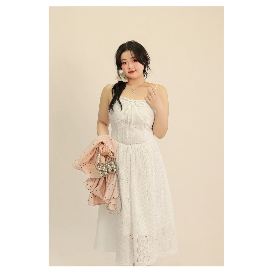 【2月21日新品】大码百分百春季镂空纯白吊带连衣裙/开衫女0127