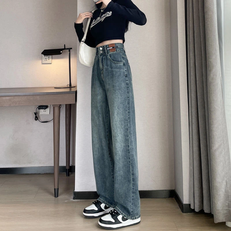 高腰窄版阔腿牛仔裤女直筒裤新品爆款高个子宽松复古直筒裤子
