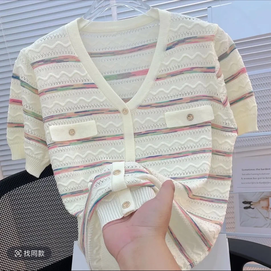 条纹短袖镂空薄款夏季假开衫时尚韩版空调衫毛针织衫女春夏毛衣