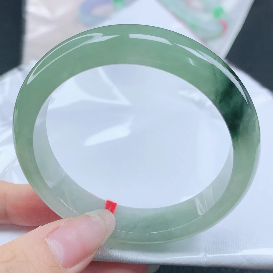 翡翠未镶嵌手镯缅甸54.7冰绿半山水飘深花正圈