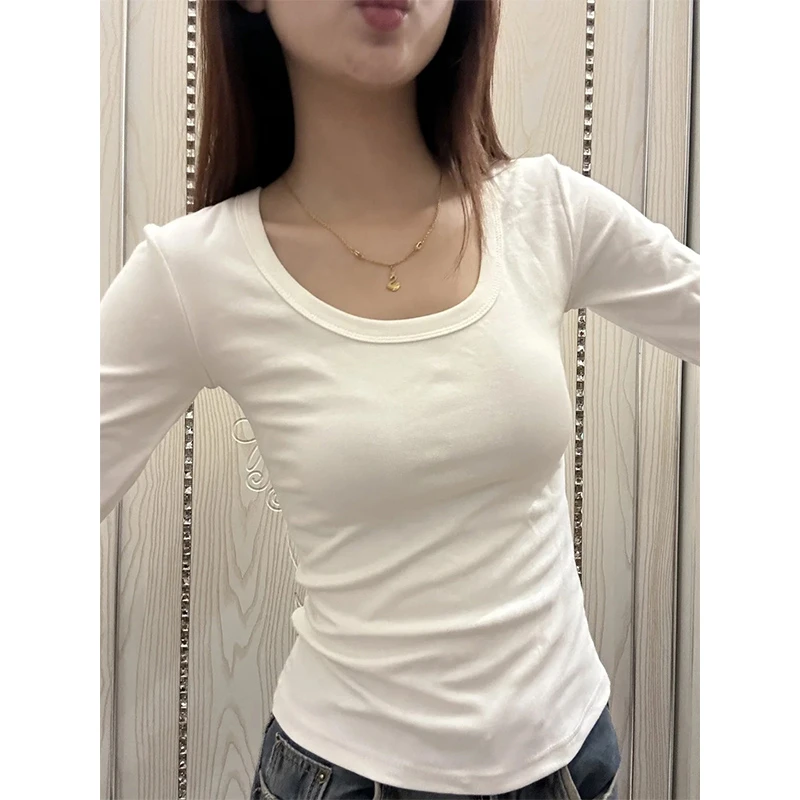 白色打底衫女秋冬内搭新款修身显瘦u领洋气92%棉正肩T恤长袖上衣