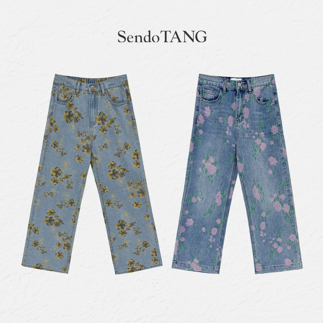 碎花牛仔【海岛盛夏】胖多女装新款休闲时尚高级感百搭高腰牛仔裤