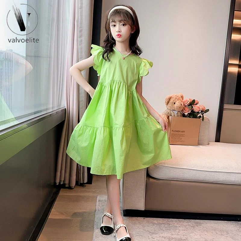 VALVOELITE女童连衣裙夏装洋气新款网红时尚女大童飞袖绿色公主裙