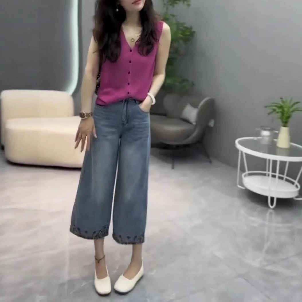 夏季新款单排扣V领无袖马甲直筒裤显瘦女装