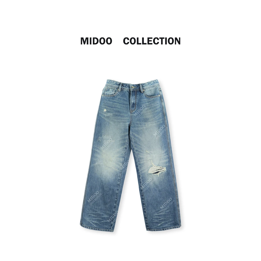 MIDOO ‘补丁猫须’版型超正显瘦做旧破洞牛仔裤