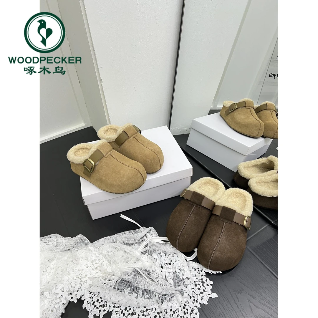 啄木鸟厚底内增高加绒勃肯鞋包头毛毛拖鞋女外穿2025新款秋棉拖鞋