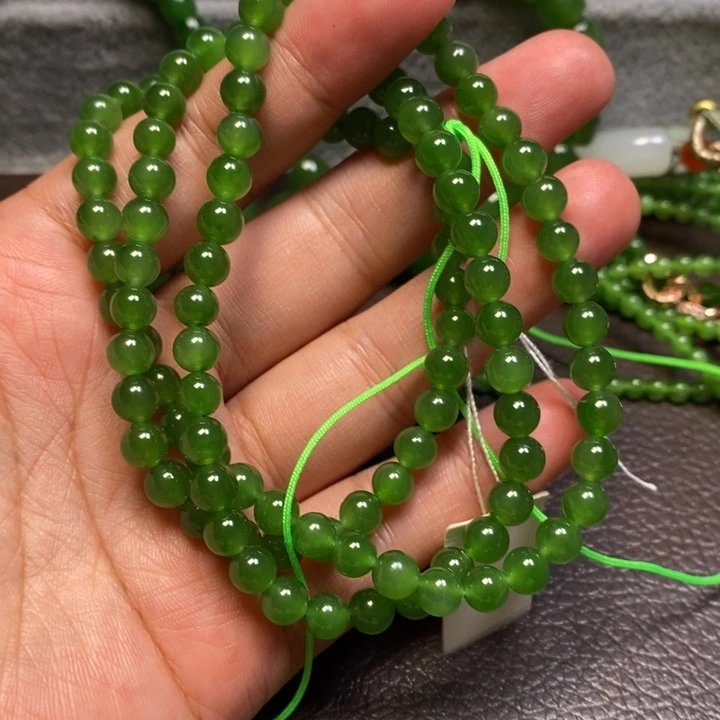 和田玉（碧玉）未镶嵌项链108冰阳绿6m m
