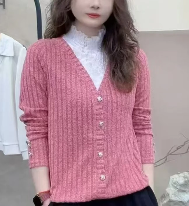 2025新款春秋羽毛半高领气质百搭时尚洋蕾丝拼接显瘦长袖衫