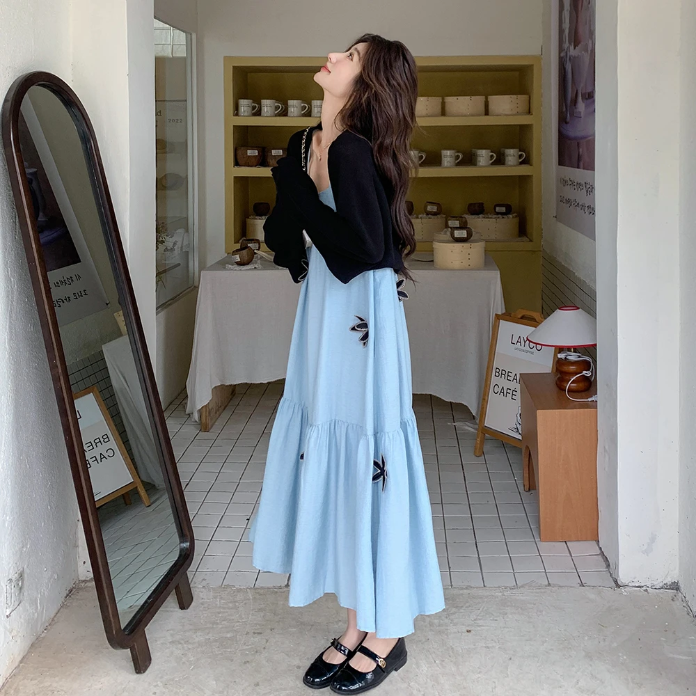 蓝色气质度假风花朵连衣裙套装女装2025夏季新款开衫吊带裙两件套