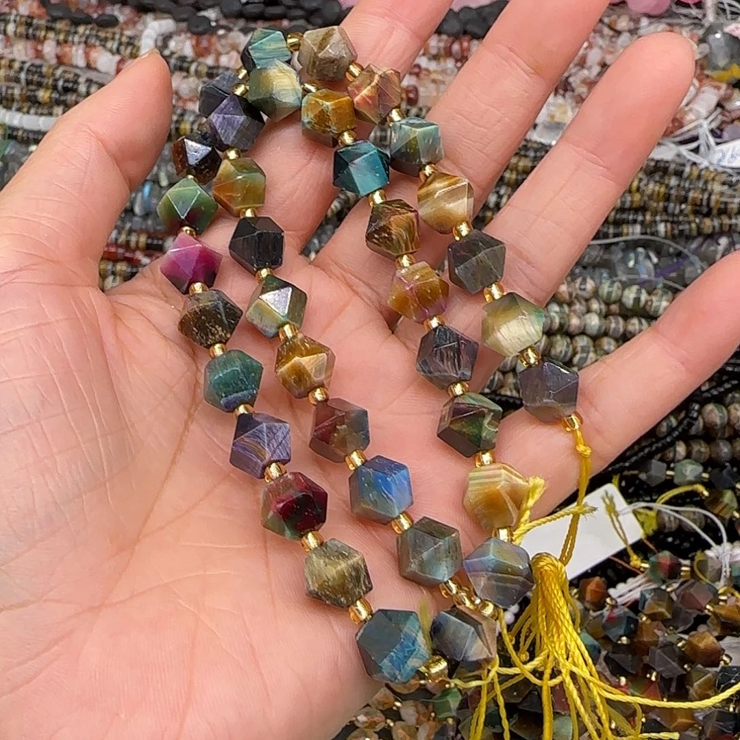 玛瑙/玉髓合金珠宝半成品彩虎眼8mm八棱一条