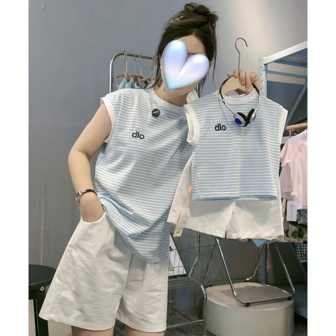 【夏款清仓】儿童亲子条纹上衣背心短裤男女宝两件套韩版百搭夏季