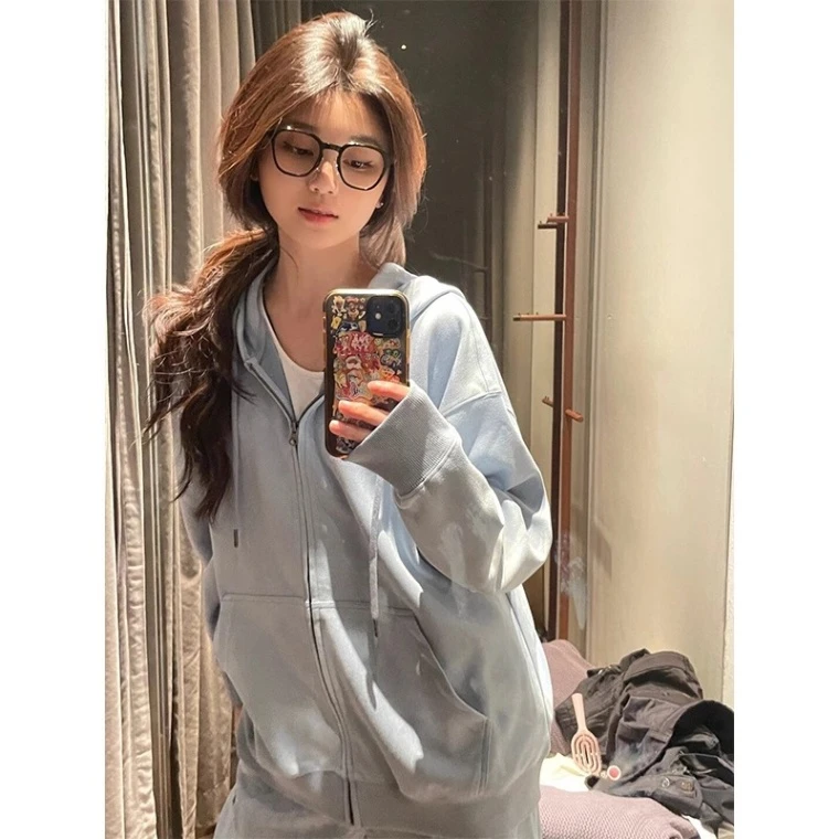 奶蓝色基础款拉链连帽卫衣女春秋季新款小众设计感宽松开衫外套