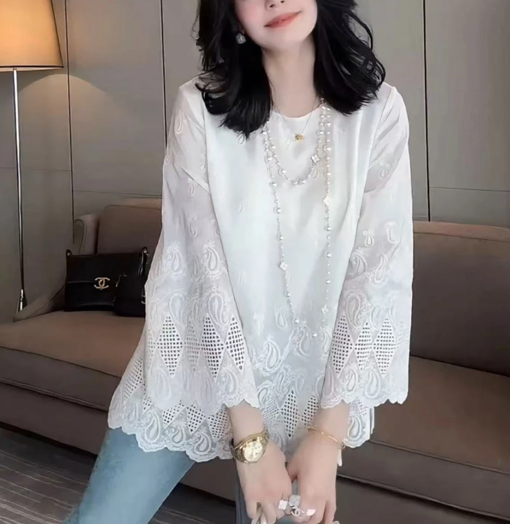 提花春季蕾丝洋气镂空长袖衬衫百搭雪纺衫气质中长款上衣镂空
