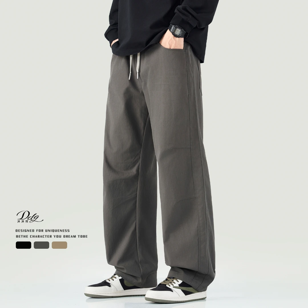 GS秋季新款复古休闲裤男士时尚潮流直筒宽松透气纯色百搭阔腿长裤