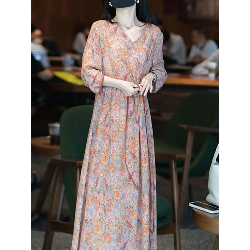 别致碎花优雅时尚慵懒风连衣裙气质收腰初长裙MXSH22080 401-F04