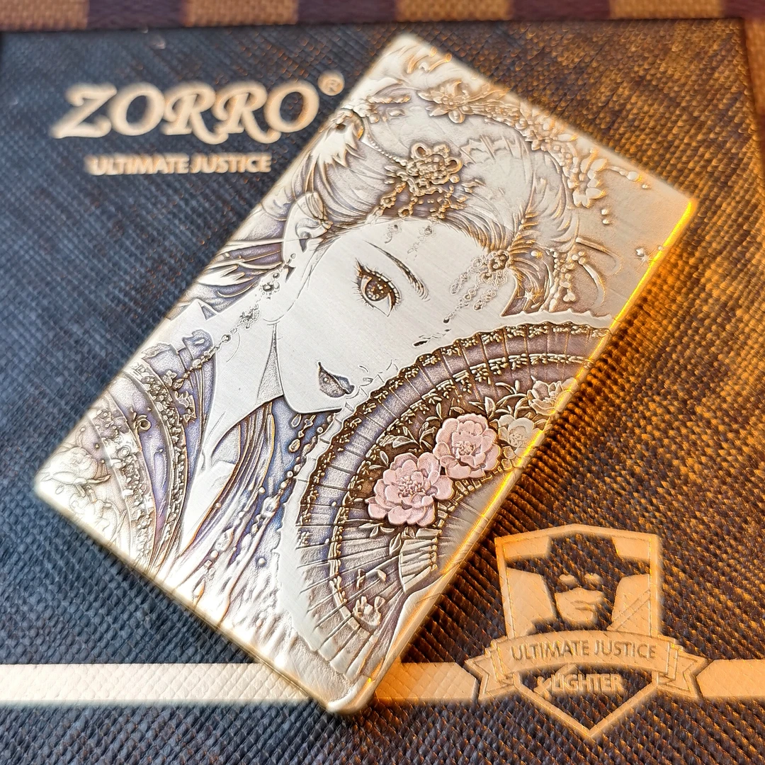 ZORRO佐罗超薄朗声799煤油打火机浮雕镶嵌扇子美女黄铜一体钢音