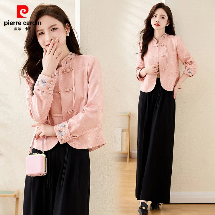 皮尔卡丹新中式国风套装女2025新款春秋气质复古盘扣提花外套阔腿