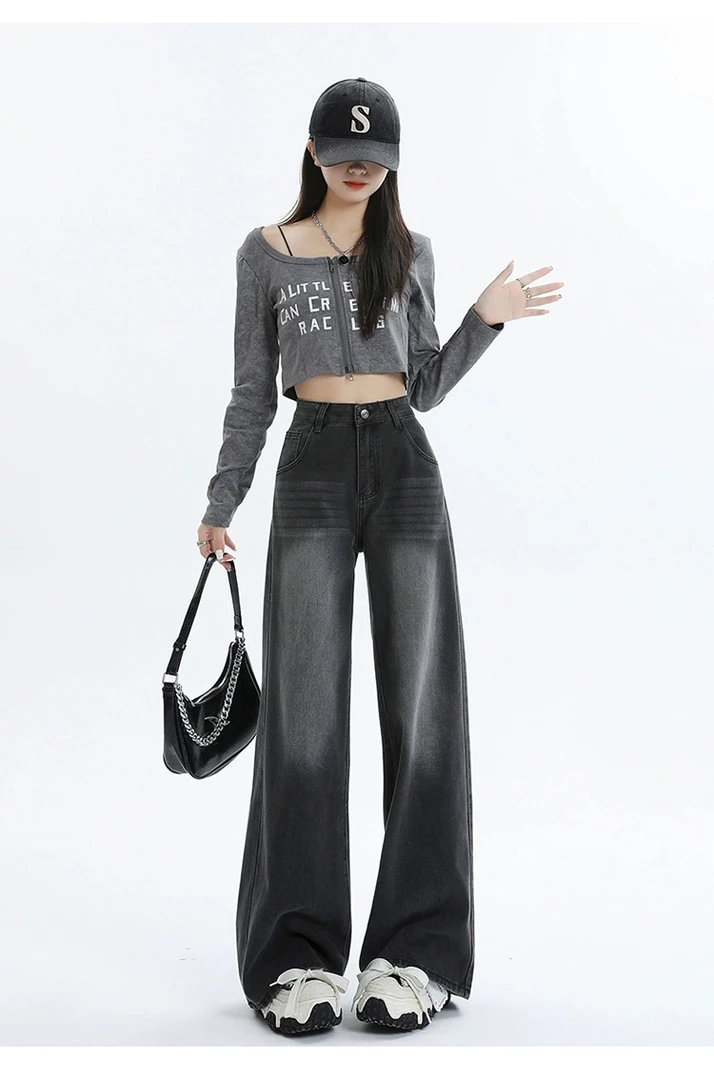 春秋美式高街辣妹垂感阔腿牛仔裤女高腰宽松显瘦遮胯百搭直筒裤