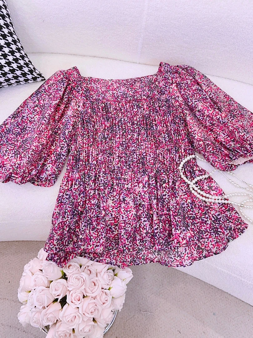 琳心丨夏季新款紫色扎染满印泡泡袖方领衬衫 4907