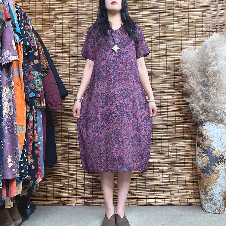 2831#妈妈装复古夏季A字版休闲显瘦文艺减龄茧型印花大码连衣裙