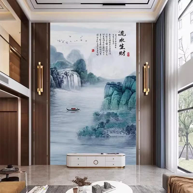 碳晶板新中式复式别墅挑空高楼竹木纤维电视背景墙板客厅山水玄关