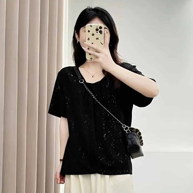 大码女装夏季新款短袖T恤女宽松显瘦百搭胖mm遮肉洋气亮晶晶上衣