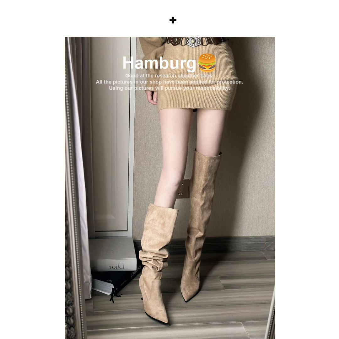 【汉堡Hamburg】黑色百搭堆堆靴女尖头细高跟中筒靴褶皱堆堆靴女