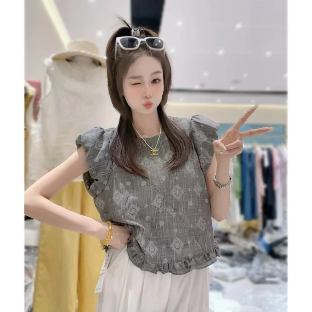 【三懿服饰】2025新款花边印花上衣-9826