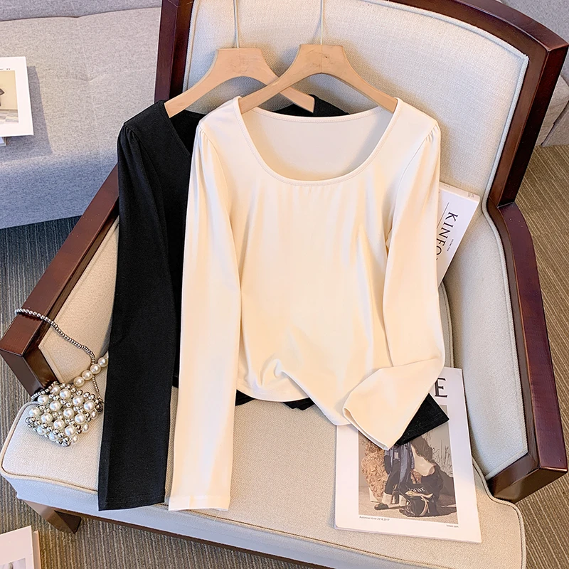 白色方领t恤女长袖2024秋季新款修身显瘦正肩内搭打底衫鱼骨1089