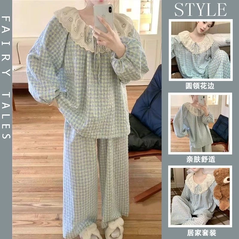 蓝高颜值新款带胸垫蓝云朵棉家居服套装睡衣2025甜美长袖长裤套装