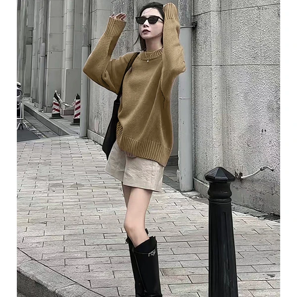 胸130-200长65简约遮肉显瘦基础穿搭圆领纯色针织上衣 7438