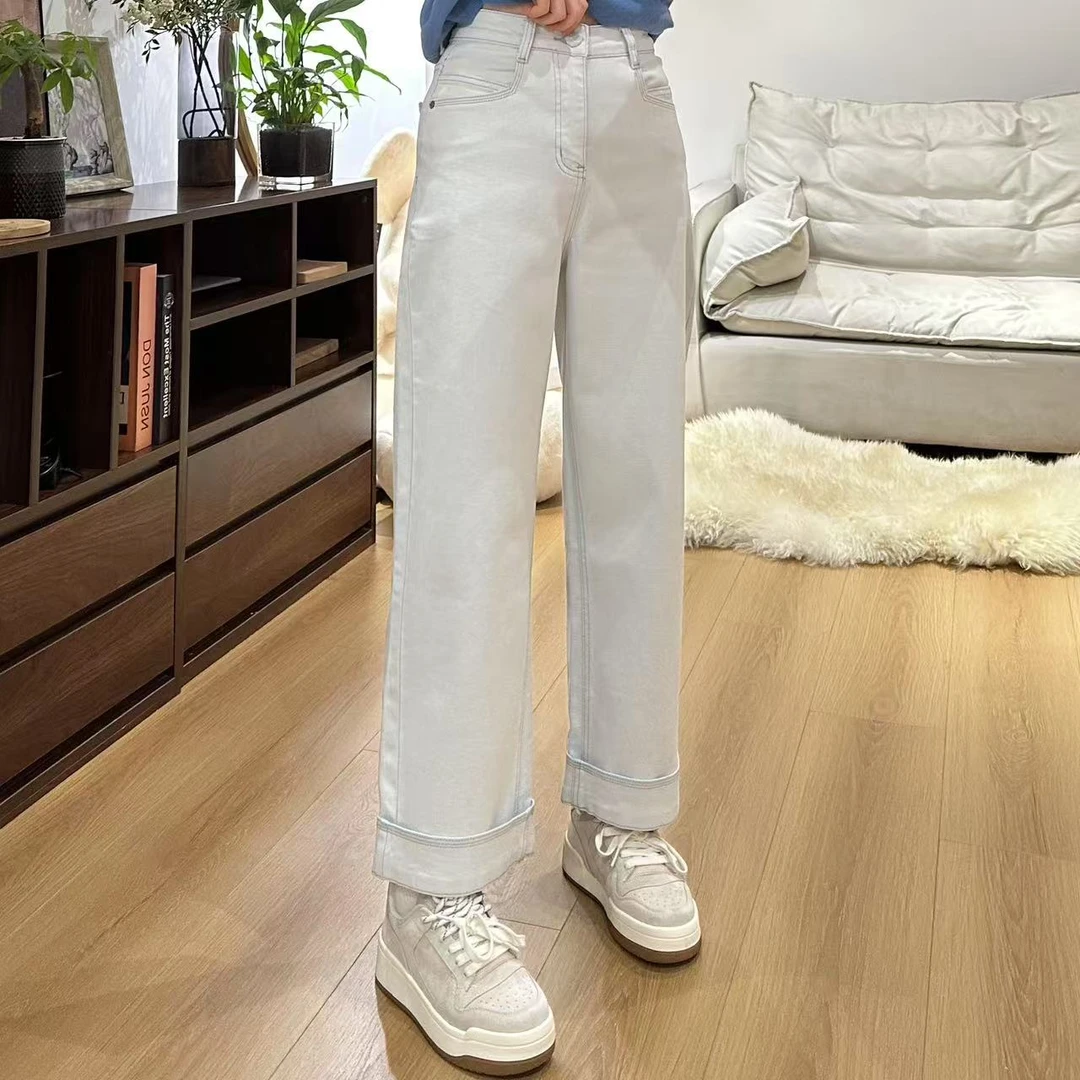 春季别具一格云水蓝色调翻边直筒牛仔裤5-1-10