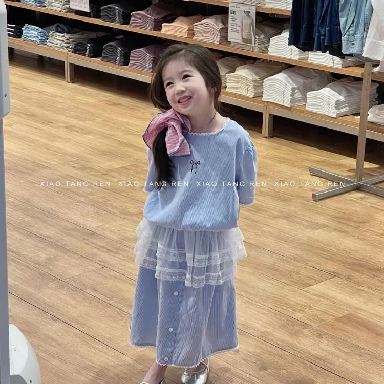 女童刺绣蝴蝶结衬衫两件套2025春夏季新品女宝宝洋气竖条纹连衣裙