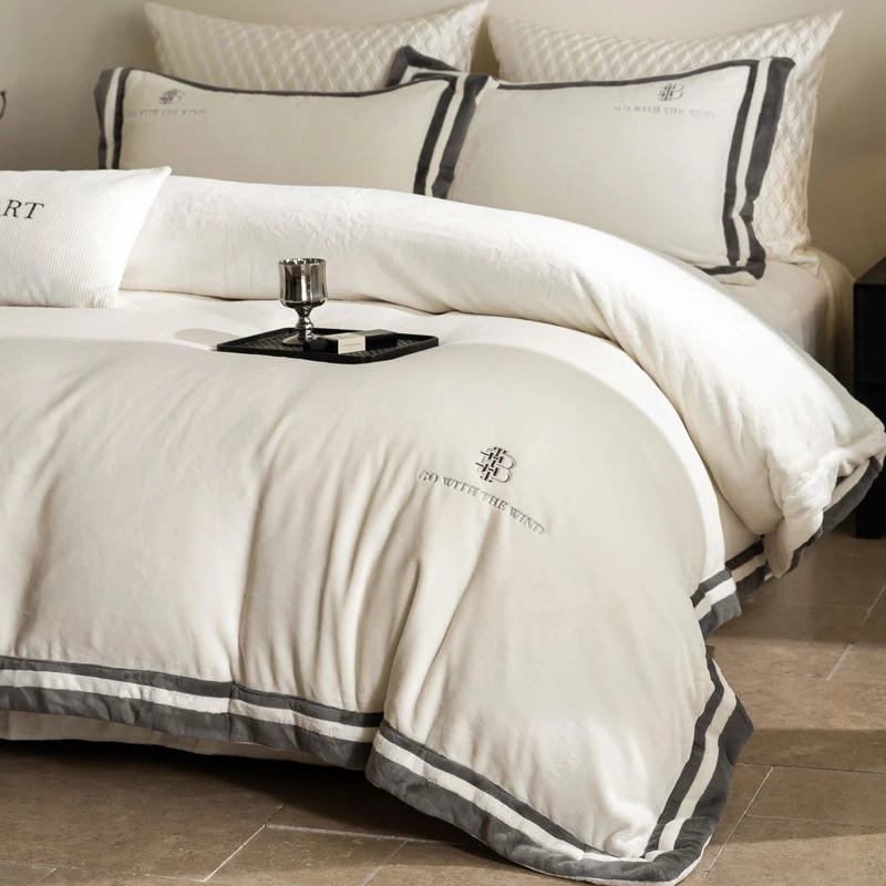 水星高端适用家纺轻奢简约加厚保暖牛奶绒四件套珊瑚绒被套床单加