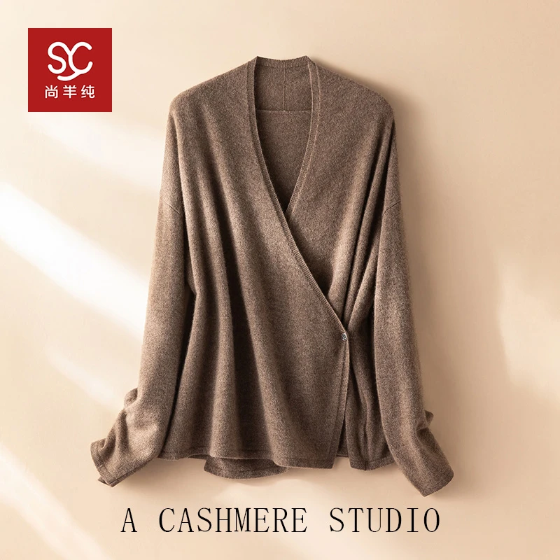 法式极简~羊绒V领针织开衫女不对称交叉气质宽松披肩外套