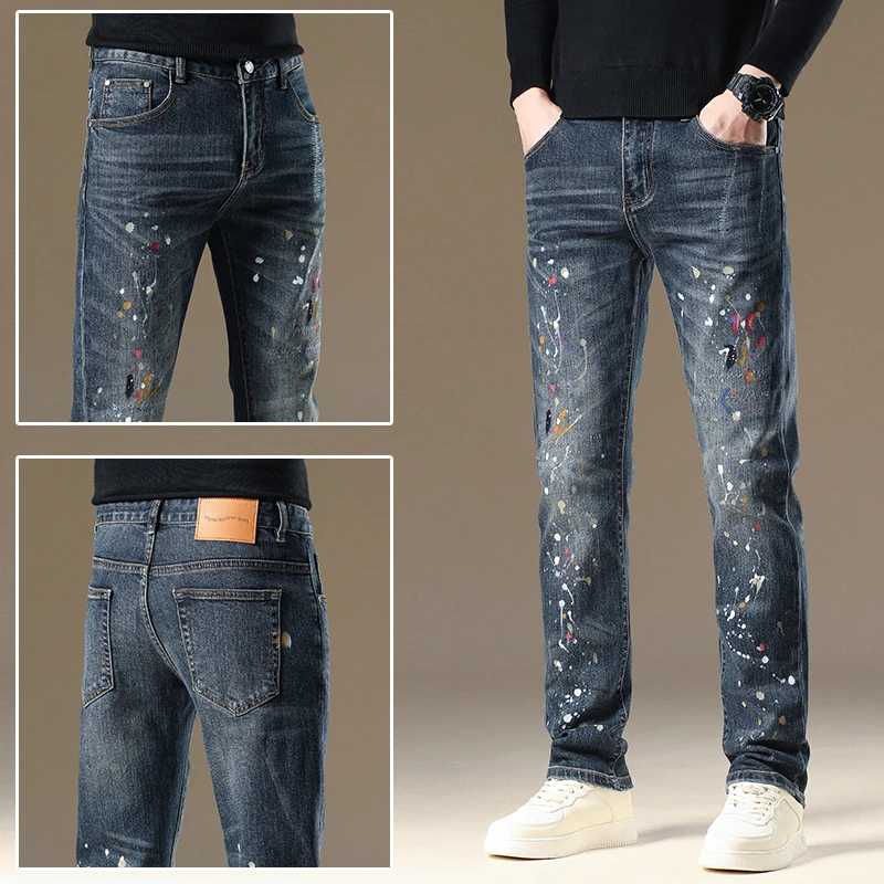 ZONGJIE香港高端牛仔裤男秋季新款修身直筒点漆泼墨潮流个性长裤